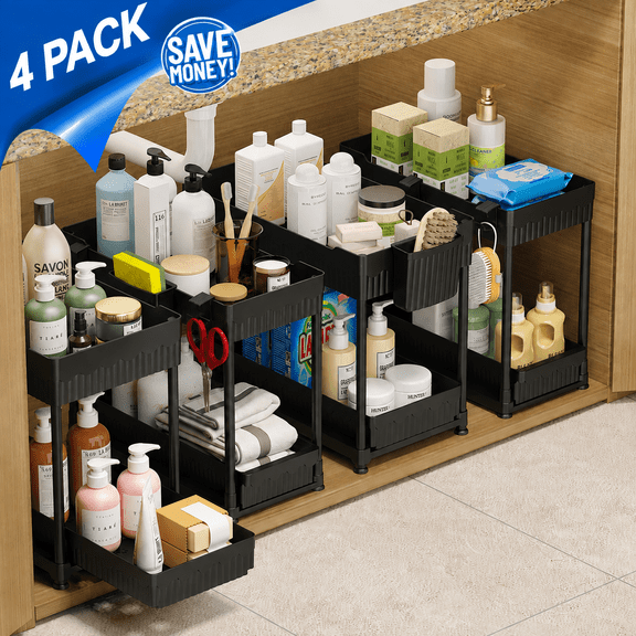 Tmtamye Under Sink Organizer, Adjustable 2-Tier, 4-Pack, Pull-Out Drawer, Black