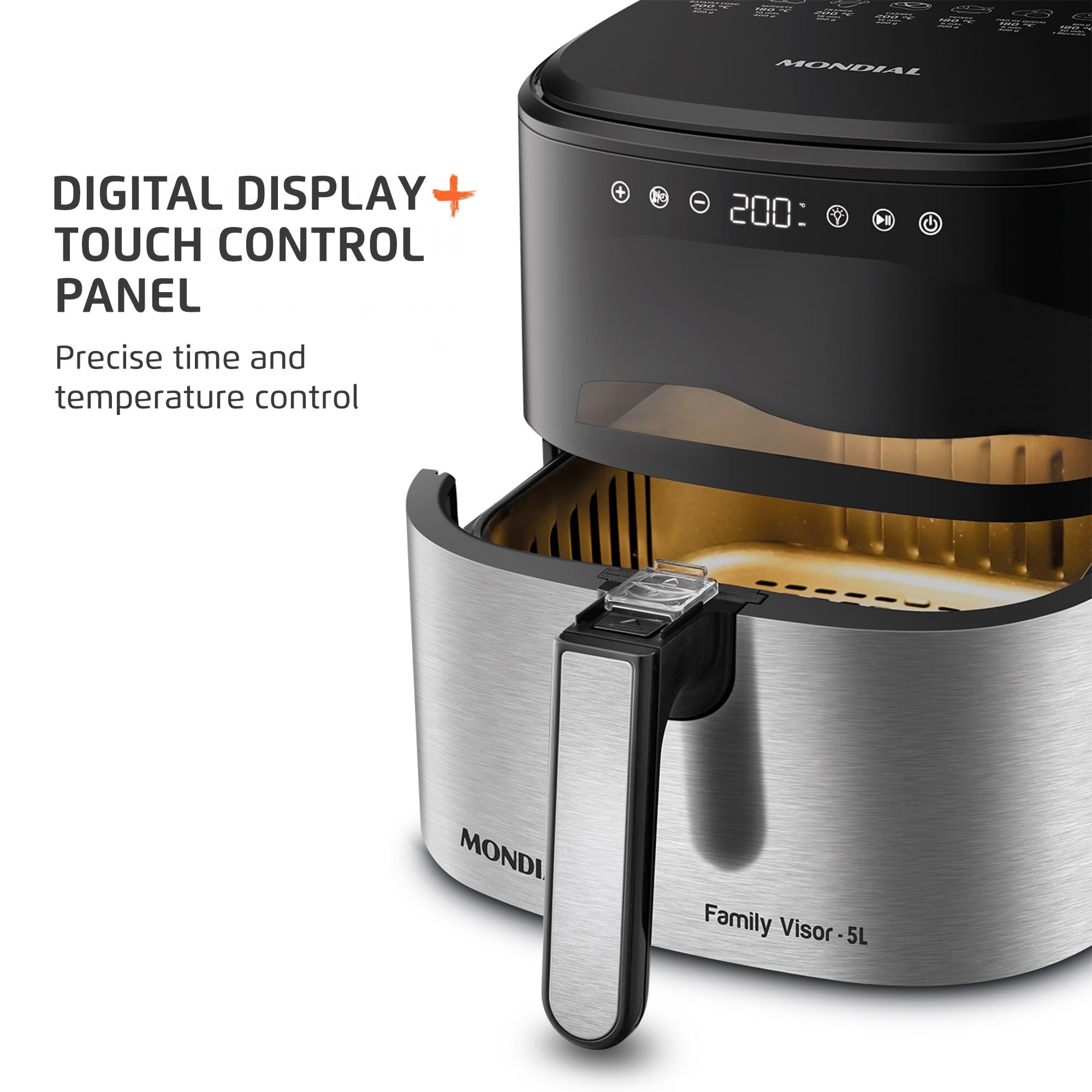 Mondial Digital Air Fryer, Touchscreen Display, 5.3 Qt, 1800W, Black Stainless Steel