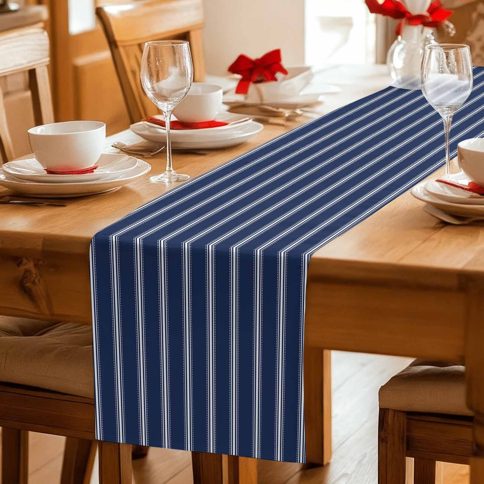 Navy Blue Striped Table Runner, Navy Blue White Farmhouse Stripes Washable Cotton Linen Table Runners 60 Inches Long, Dresser Scarf Runner for Coffee/TV Stands/Kitchen/Cabinets 13''x60''