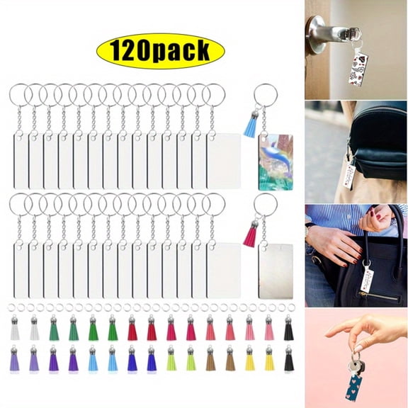 120Pcs Sublimation Keychain Blanks Bulk Set with Rectangle Sublimation Blanks Tassels Keychain Rings & Jump Rings for DIY Keychain Crafting