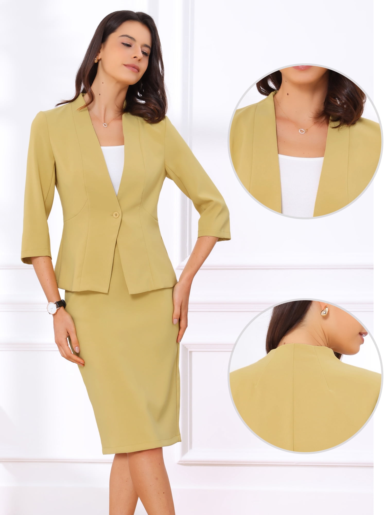 DARING DIVA 2Pcs Women's Office Work Outfit Business Skirt Suit Set XS Yellow