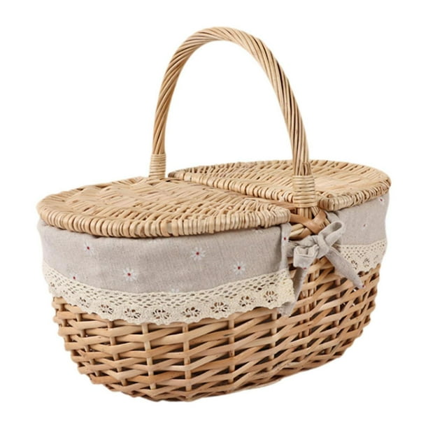 Cesta de picnic de mimbre, cesta de almacenamiento de mimbre con tapa y asa, estilo rústico vintage. Medio