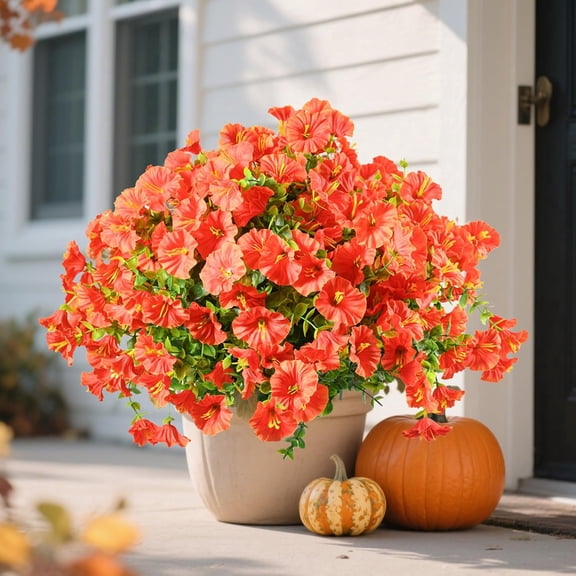 12 Bundles Artificial Fall Flowers Outdoor Fake Mums , Fake Plants UV Resistant No Fade Faux Plastic Greenery Garden Porch Patio Fall Home Decor , Orange