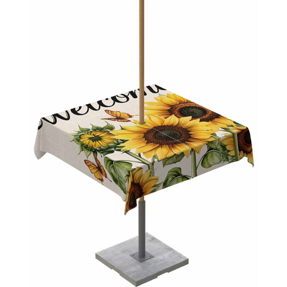 Outdoor Tablecloth with Umbrella Hole for Patio/Picnic/Party/Camping, Sunflower Waterproof Table Cloth Square Cover Washable, Summer Botanical Floral Rustic Welcome 60"x 60"