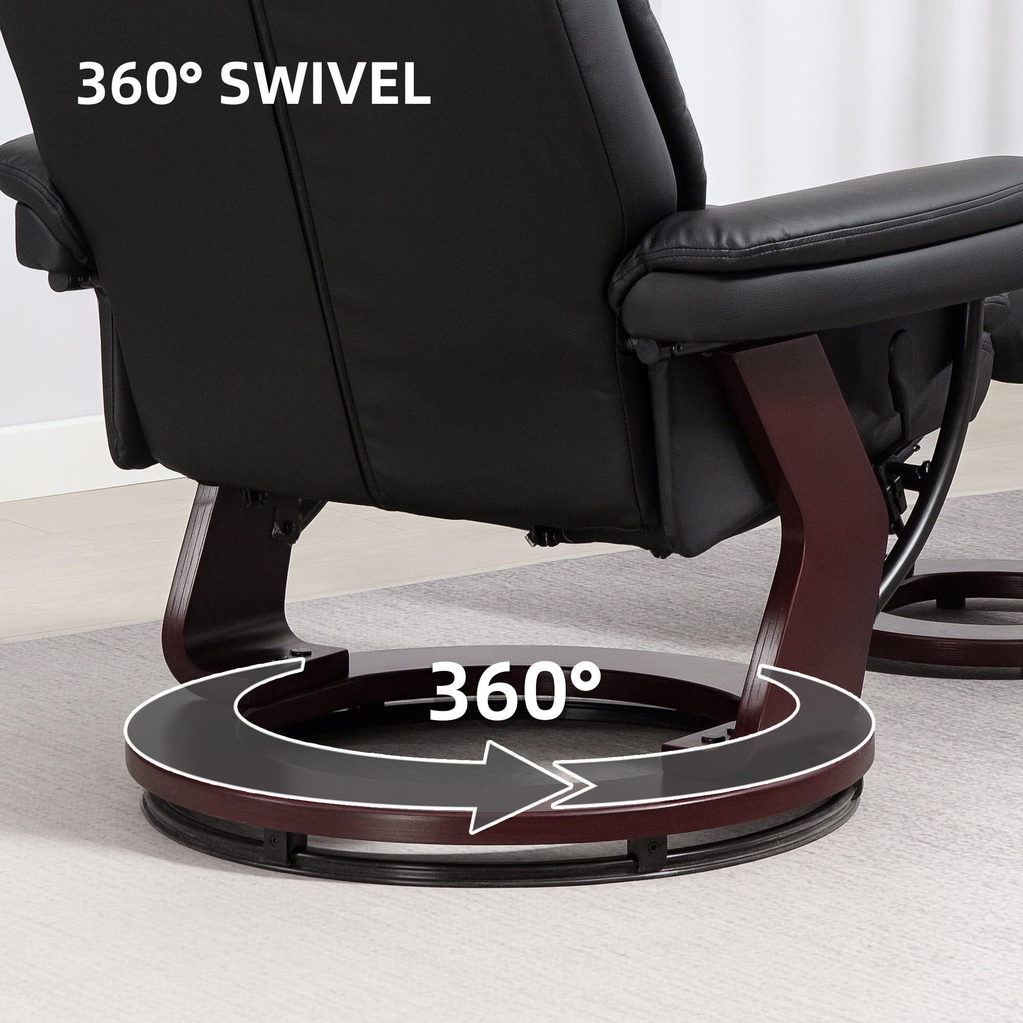 HOMCOM Swivel Recliner Chair with Ottoman, PU Leather Upholstered Reclining Chair with Footrest, for Living Room, Bedroom, Office, Black