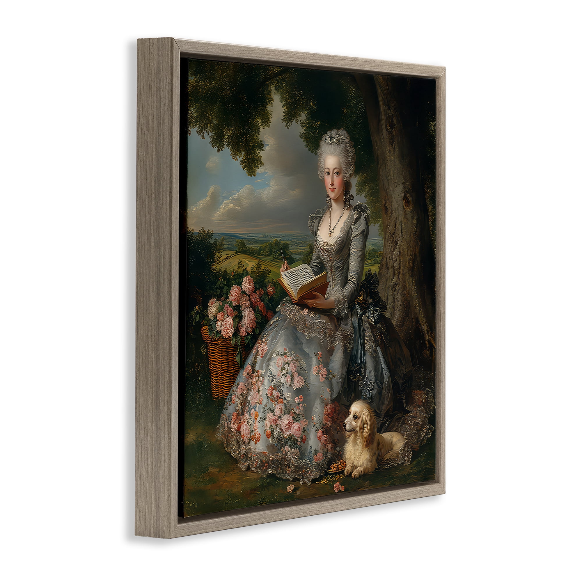 Stupell Industries Reading Rococo Lady with Dog Brown Framed Floater Canvas Wall Art, design by The Wands Want