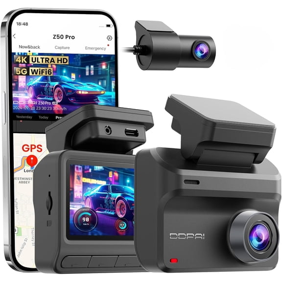 DDPAI Z50 Pro 4K Front and 1080p Rear Dash Cam with GPS, WiFi 6, 3-Inch Screen, Night Vision and ADAS