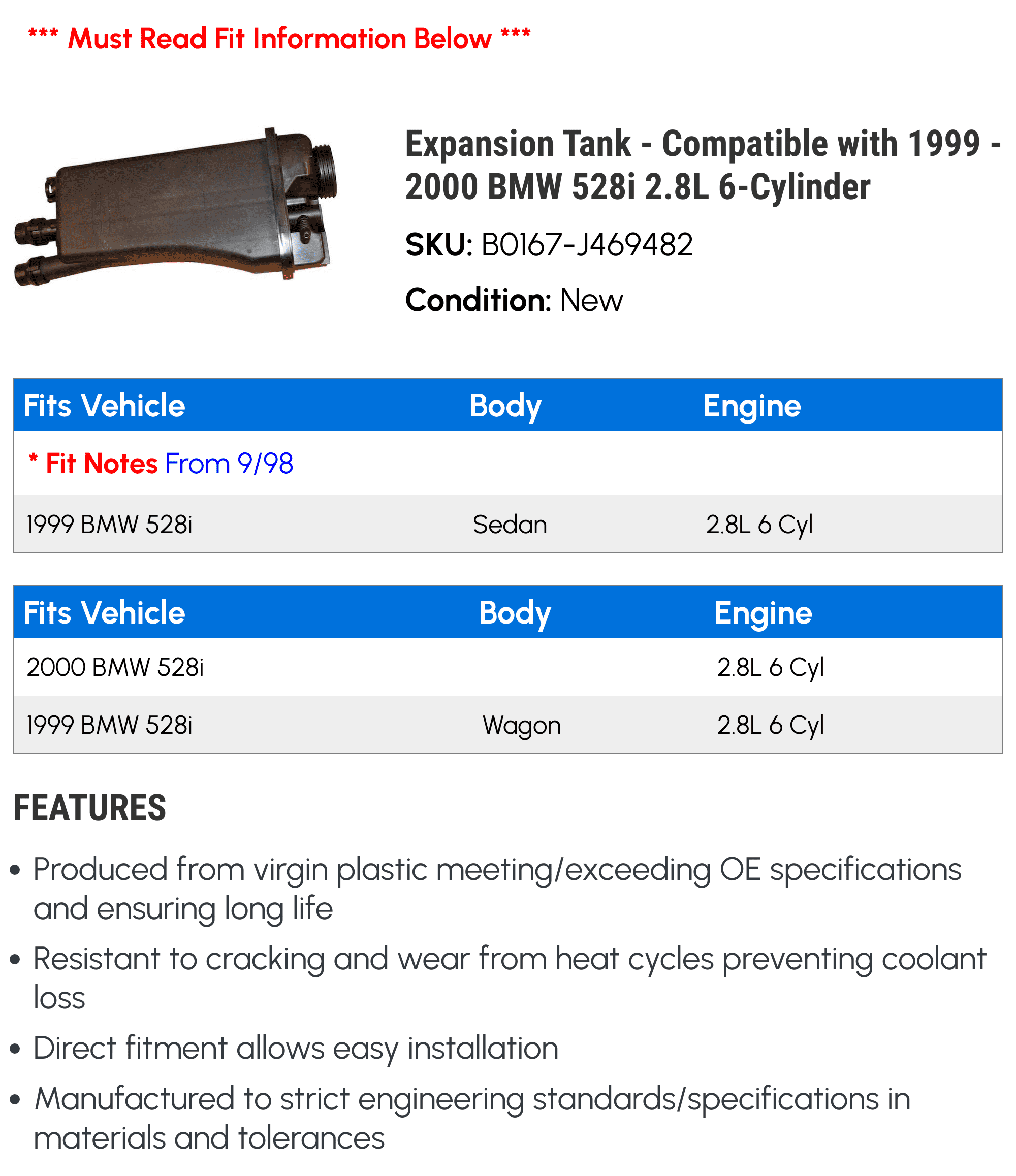 Expansion Tank - Compatible with 1999 - 2000 BMW 528i 2.8L 6-Cylinder