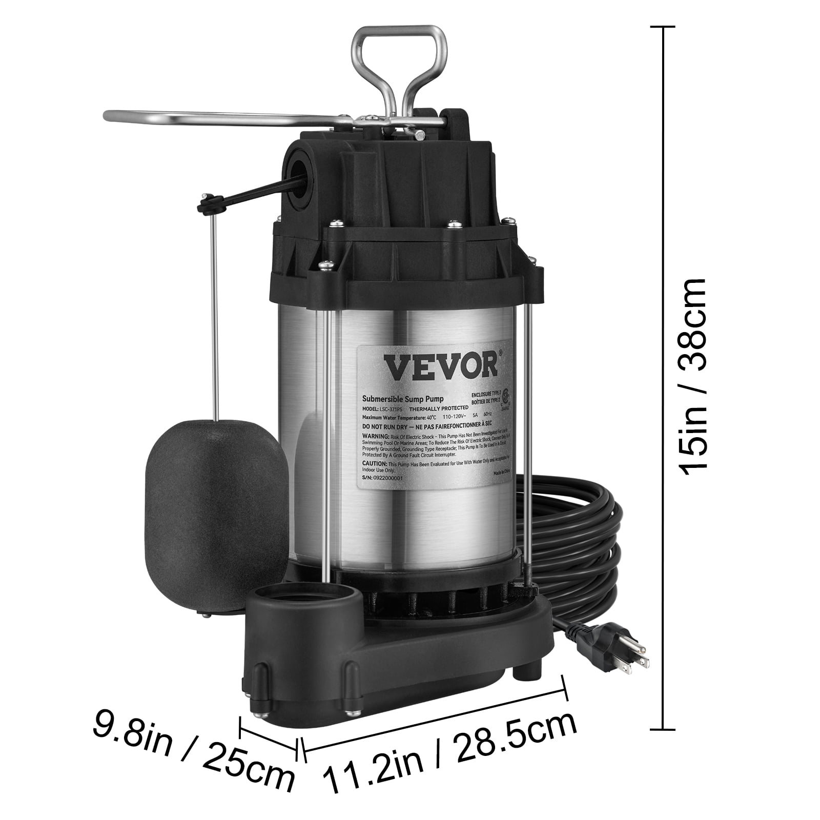 VEVOR 1/2 HP Submersible Sump Pump, 4320 GPH, Stainless Steel, Automatic Float Switch