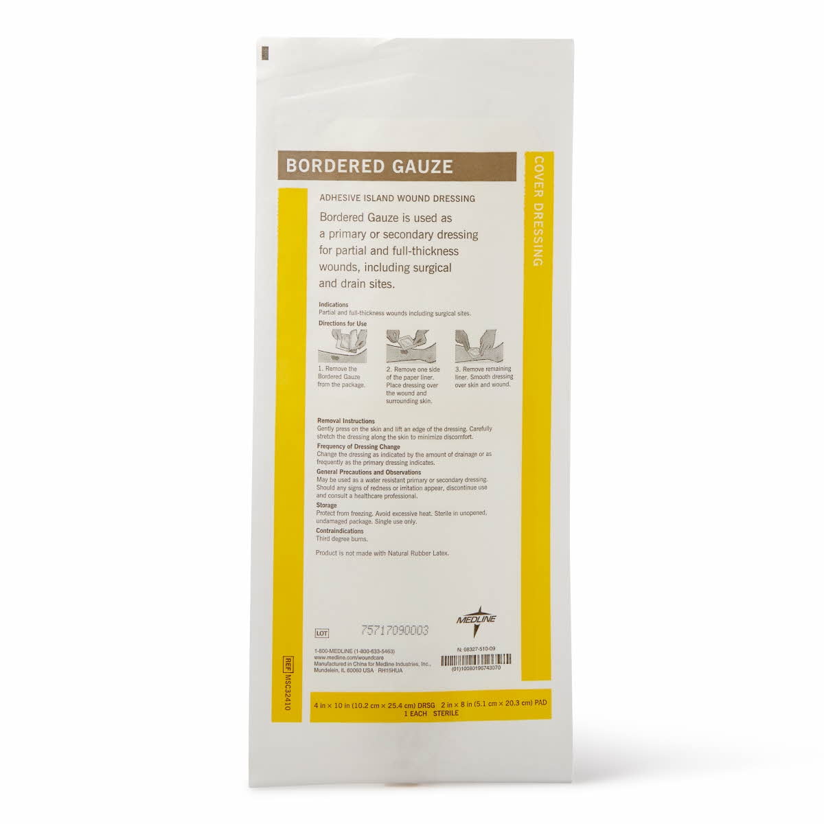Medline Bordered Gauze, Adhesive Island Wound Dressing, Sterile, 4"x10", 15 Count