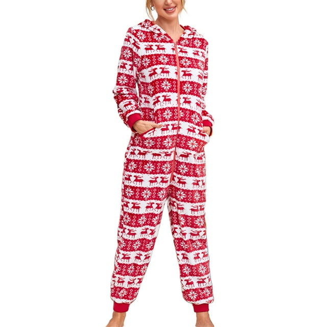 Faithtur Combinaison à Capuche de Noël pour Femme à Manches Longues, à Fermeture Éclair, Col en V, Pyjama