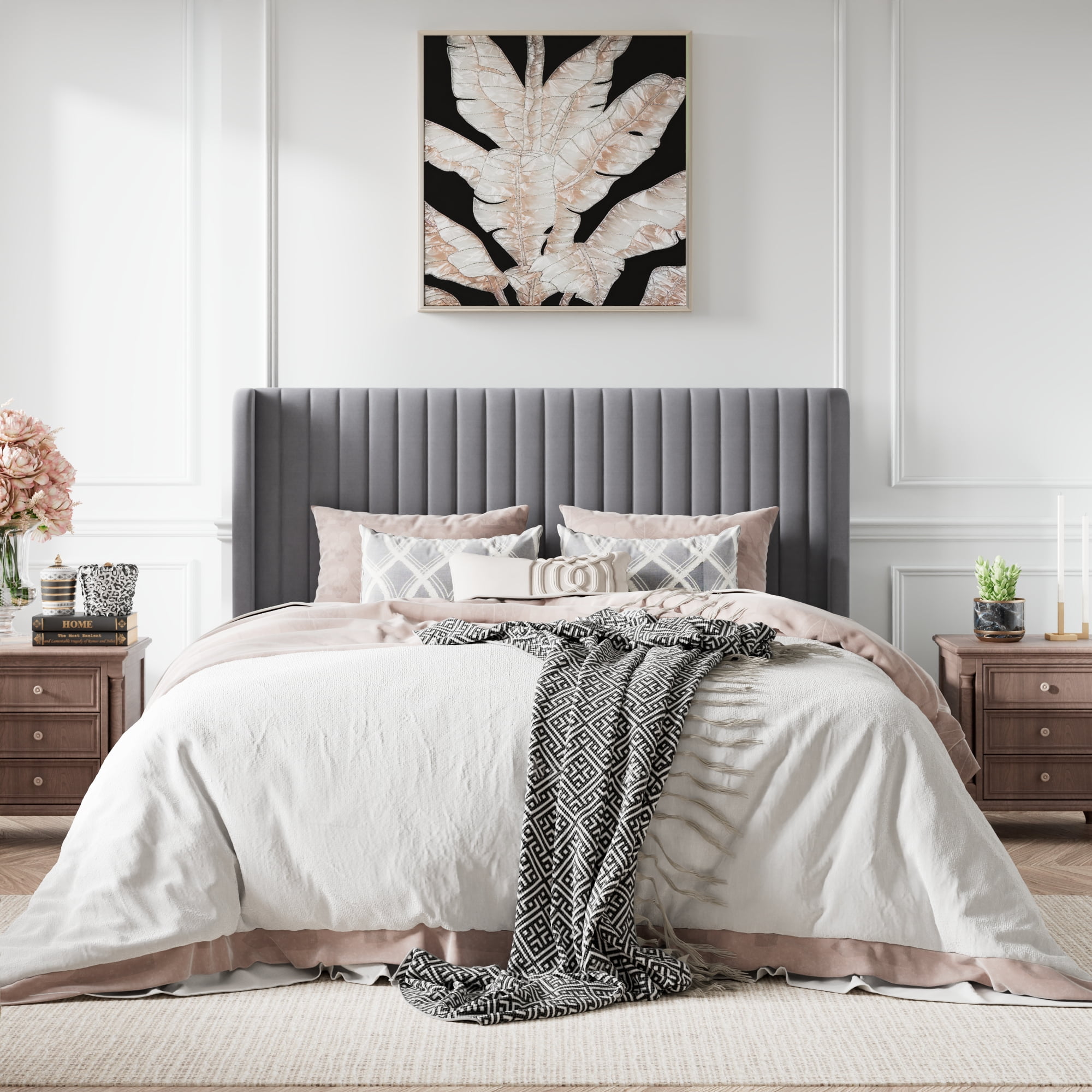 Amolife Queen Size Velvet Upholstered Bed with Wingback Headboard, Light Grey  (图2)