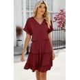 thumbnail image 2 of Womens Summer Dresses Casual Smocked V Neck Flutter Sleeve Cute T Shirt Sundress Solide Color Midi Beach Vacation Dresses (Wine red,Small), 2 of 6
