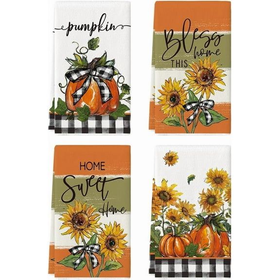 Fall Pumpkin Kitchen Towels Dish Towels, 18x26 Inch Orange Autumn Leaves Dishcloth Fall Thanksgiving Decoration Pumpkin Kitchen Decor Home Sweet Bath Home Hand Towels Set of 4