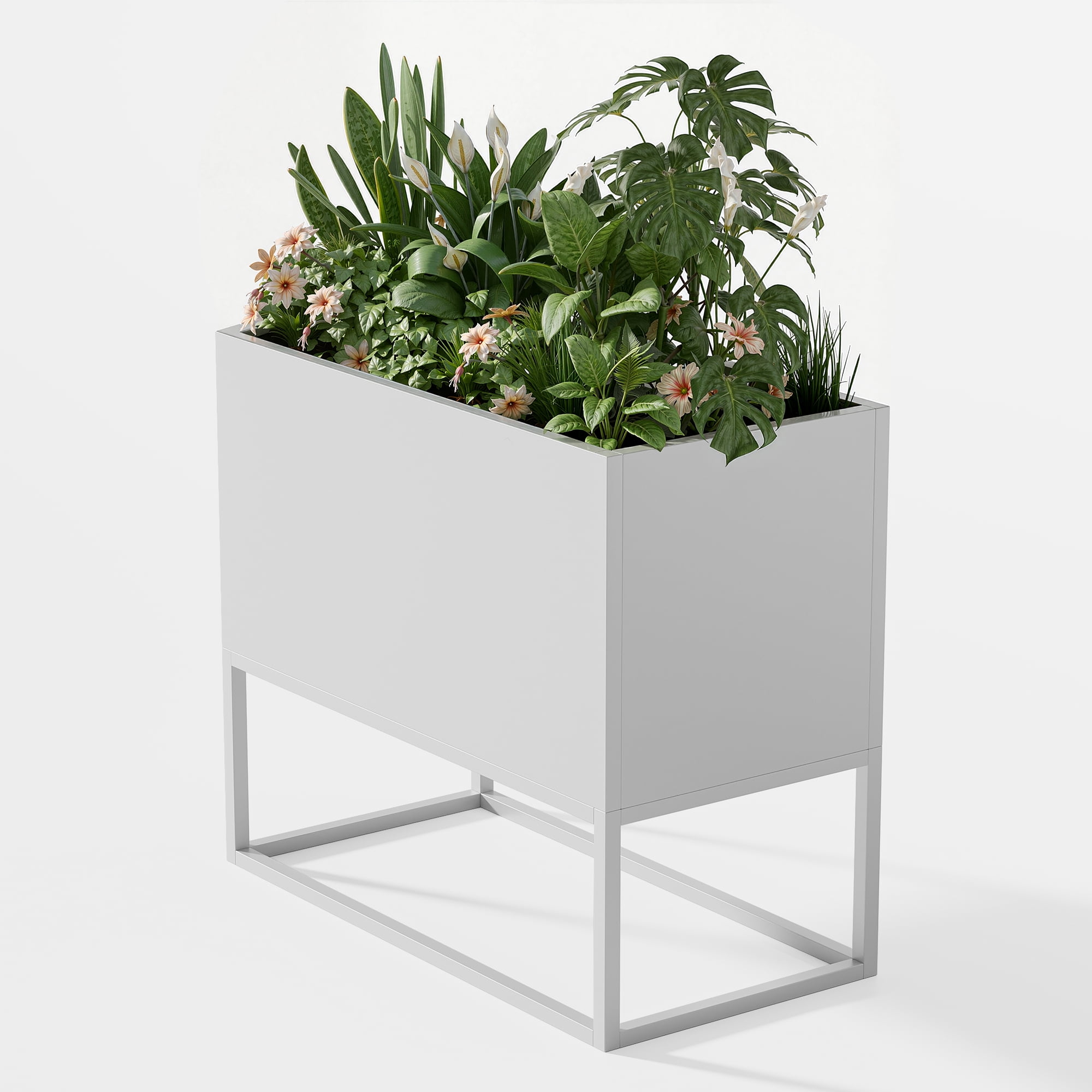 MAYEERTY 36*18"Large Metal Planter with Shelves & Drainage Holes for Tall Plants & High-Traffic Areas, White