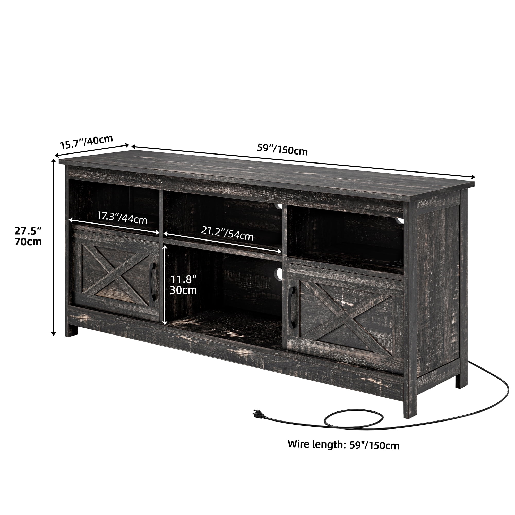 Uforic Farmhouse-Inspired TV Stand with Power Outlet, LED-Lit Media Console, Simplistic TV Cabinet for Living Room or Bedroom, Dark Rustic Oak, 59 Inch