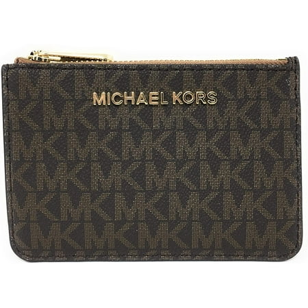Michael Kors Jet Set Travel Small Leather Top Zip Coin Pouch With ID (Brown/Acorn Signature)