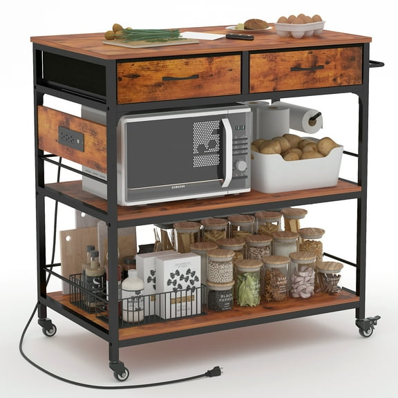 Chnnmbrn Wood Kitchen Island Brown Rolling Cart with Power Outlet Microwave rack