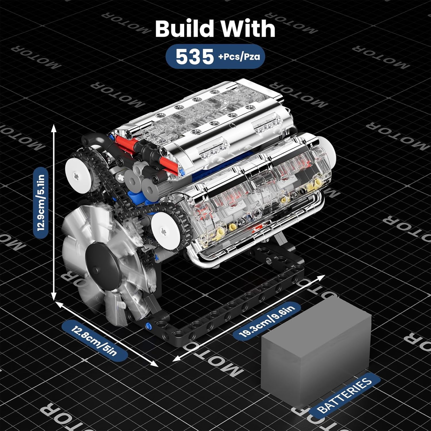 V8 Engine Model Kit Build Your Own STEM Mini V8 Model Engine Building Blocks Sets that Worksfor Adults,535Pcs