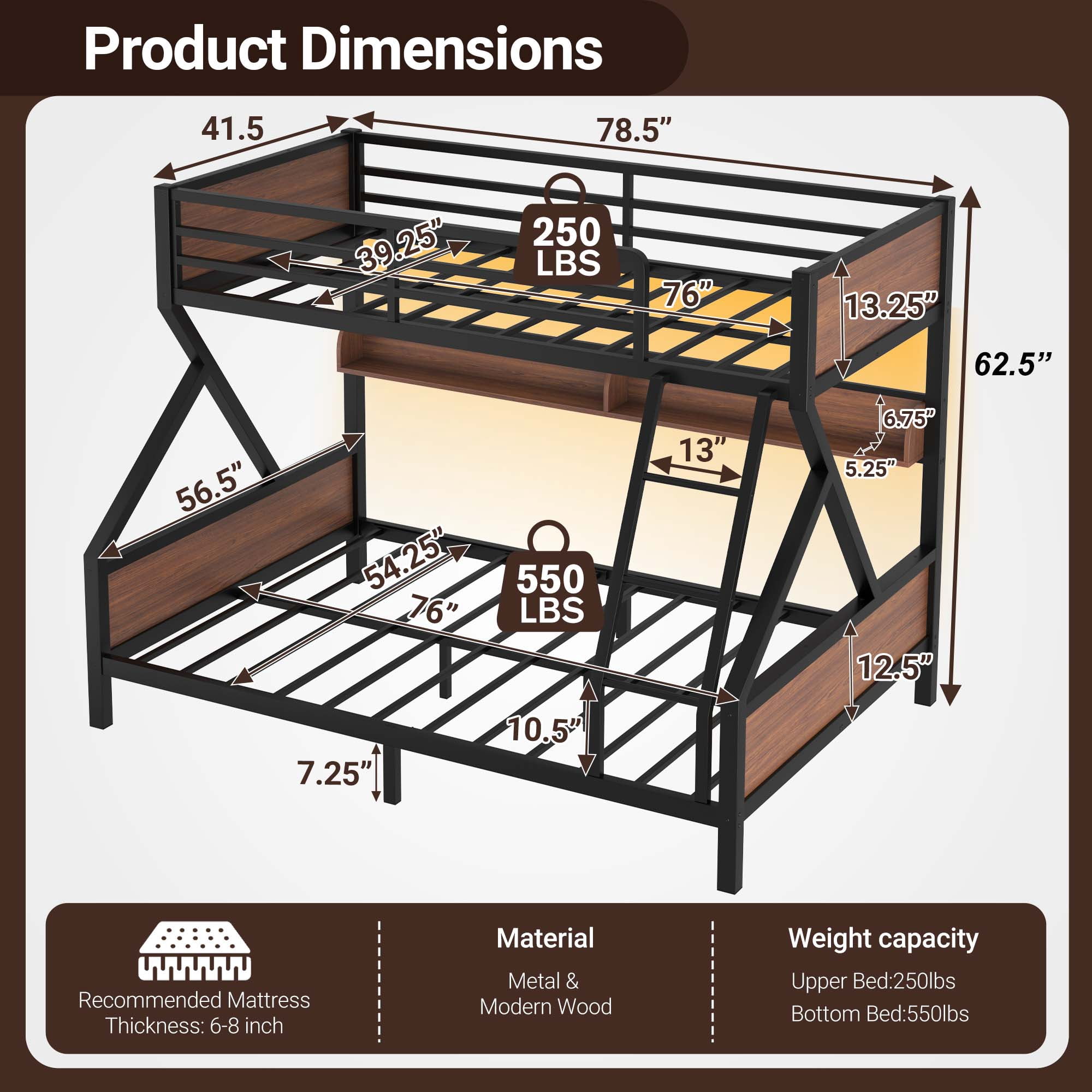 Miniyam Twin over Full Bunk Bed with Storage Shelf and LED Light, Metal & Wood Frame, Black