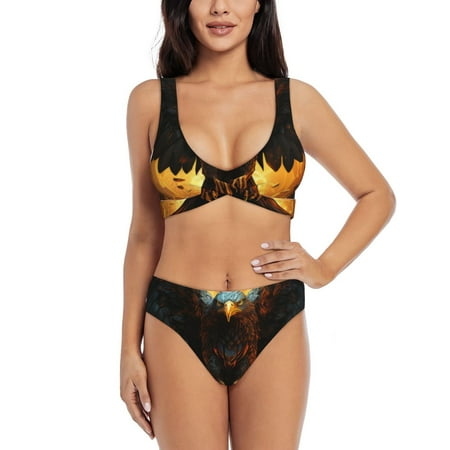 Zeuib Cool Black Eagle High Waisted Tummy Control Bikini Set - Knot Front Push Up Top & Cheeky Thong Bottom  Two-Piece Swimsuit for Women-Large