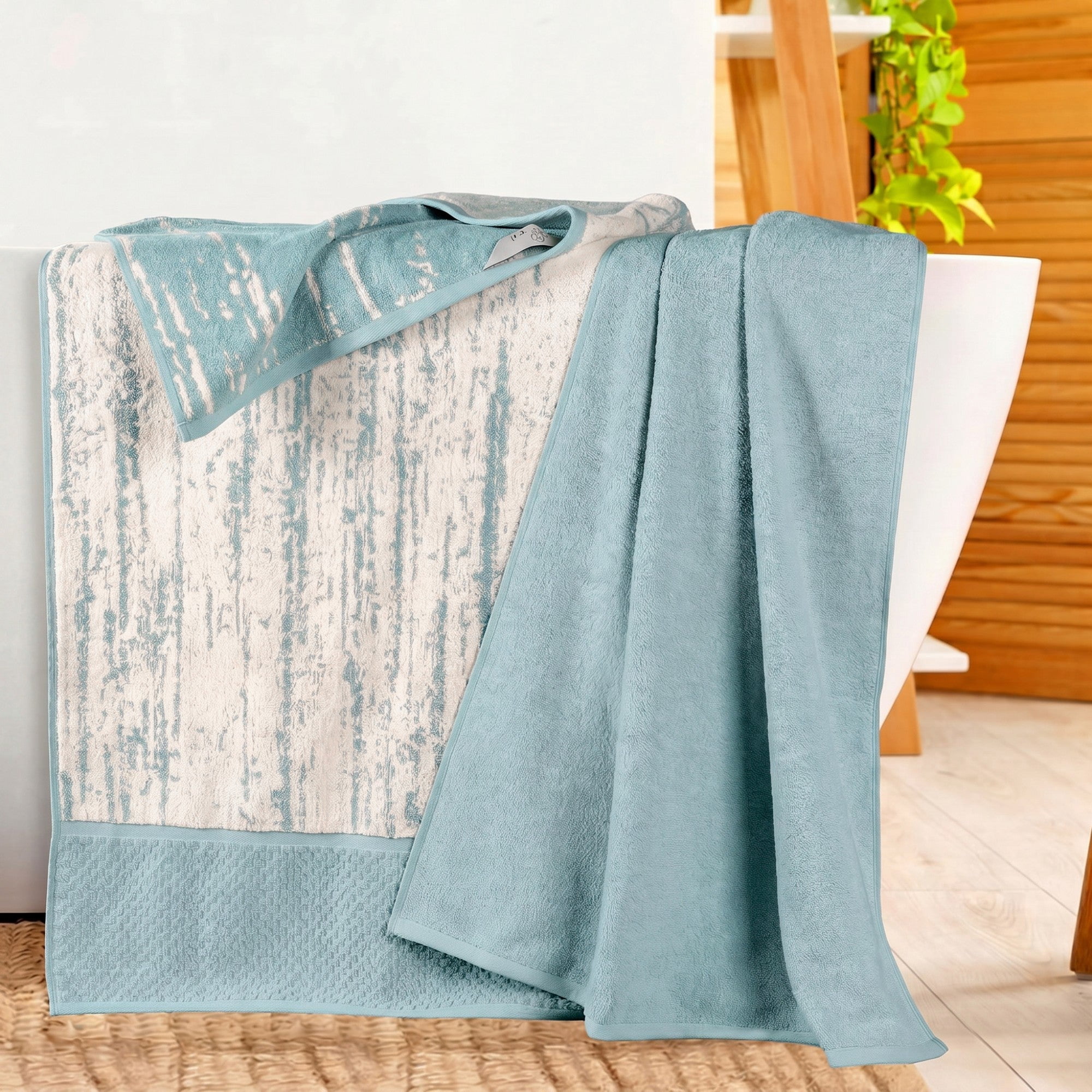 Superior Modern Cotton 2 Piece Oversized Bath Sheet Set Mixed Pattern, Cyan