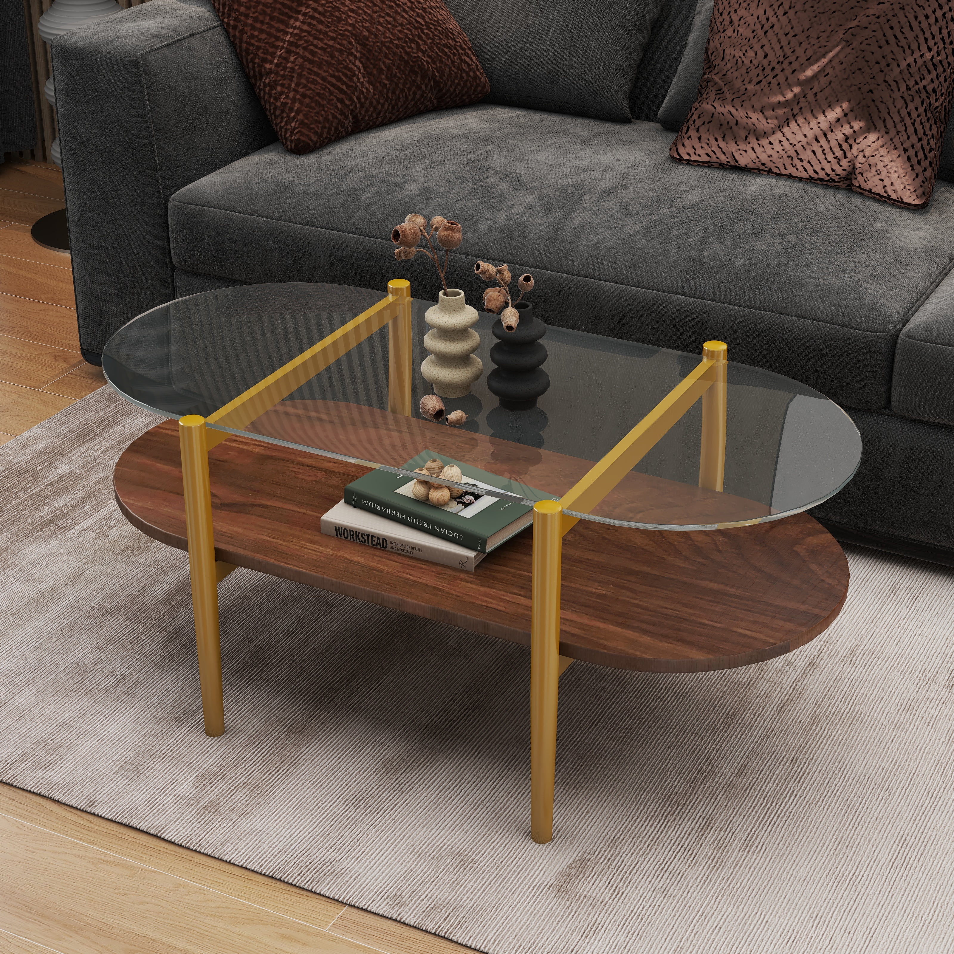 Oval Modern Glass Coffee Table Double Layer Storage Transparent Brown MDF Living Room