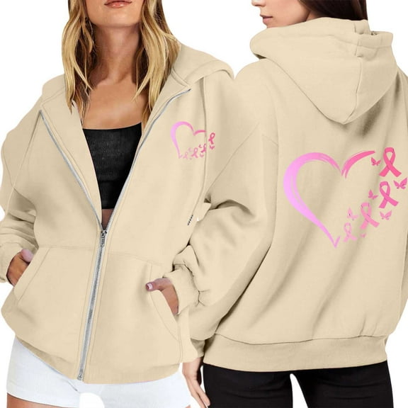 Zip Up Hoodie Women Oversized Y2k Pink Ribbon Printed Sweatshirt Casual Long Sleeve Fleece Jacket Lightweight Fall Hoodies with Pockets (Beige, XXXL)