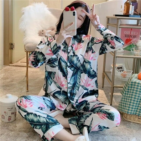 

CoCopeaunt Plus Size 8XL Womens Ice Silk Pajama Set Female Pajamas Sleepwear Sexy Soft Cozy Satin Summer Spring Floral Printed Nightgown