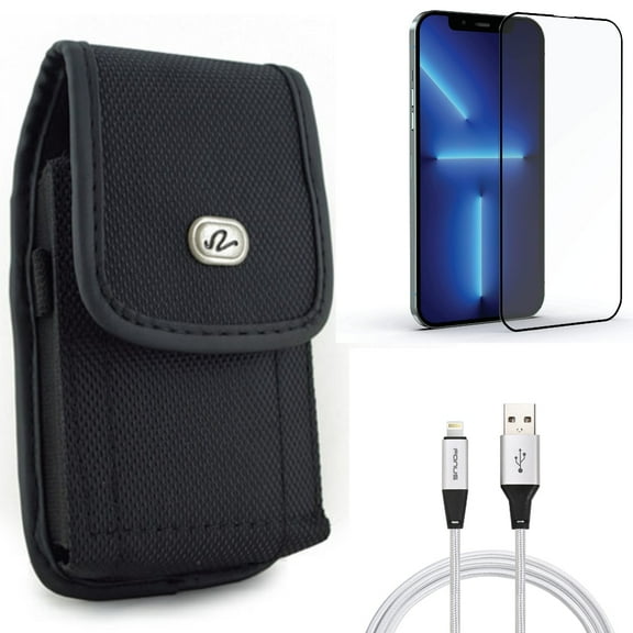 Case Belt Clip & 10ft USB Cable & Screen Protector for iPhone 13 Pro Max ONLY - Rugged Holster Canvas   Charger Cord Power Wire   Anti-Glare Tempered Glass Matte Combo