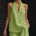 thumbnail image 6 of 2 Piece Linen Outfits for Women Dressy Casual Vacation Halter V Neck Sleeveless Top and Wide Leg Pant Sets (L, Green), 6 of 8