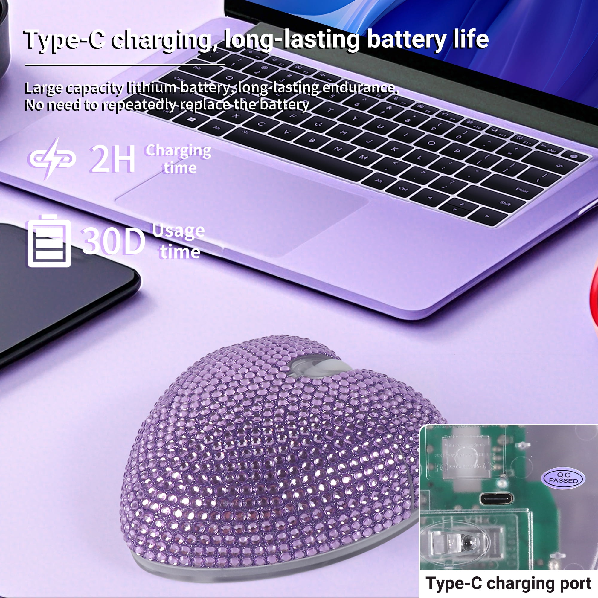 Dpisuuk Wireless Mouse Bluetooth Cute Bling Crystal Rhinestone Purple Heart Shape Computer Mice with LED Light 2.4GHz & Bluetooth Rechargeable USB Cordless Mouse for Laptop PC Tablet Gift