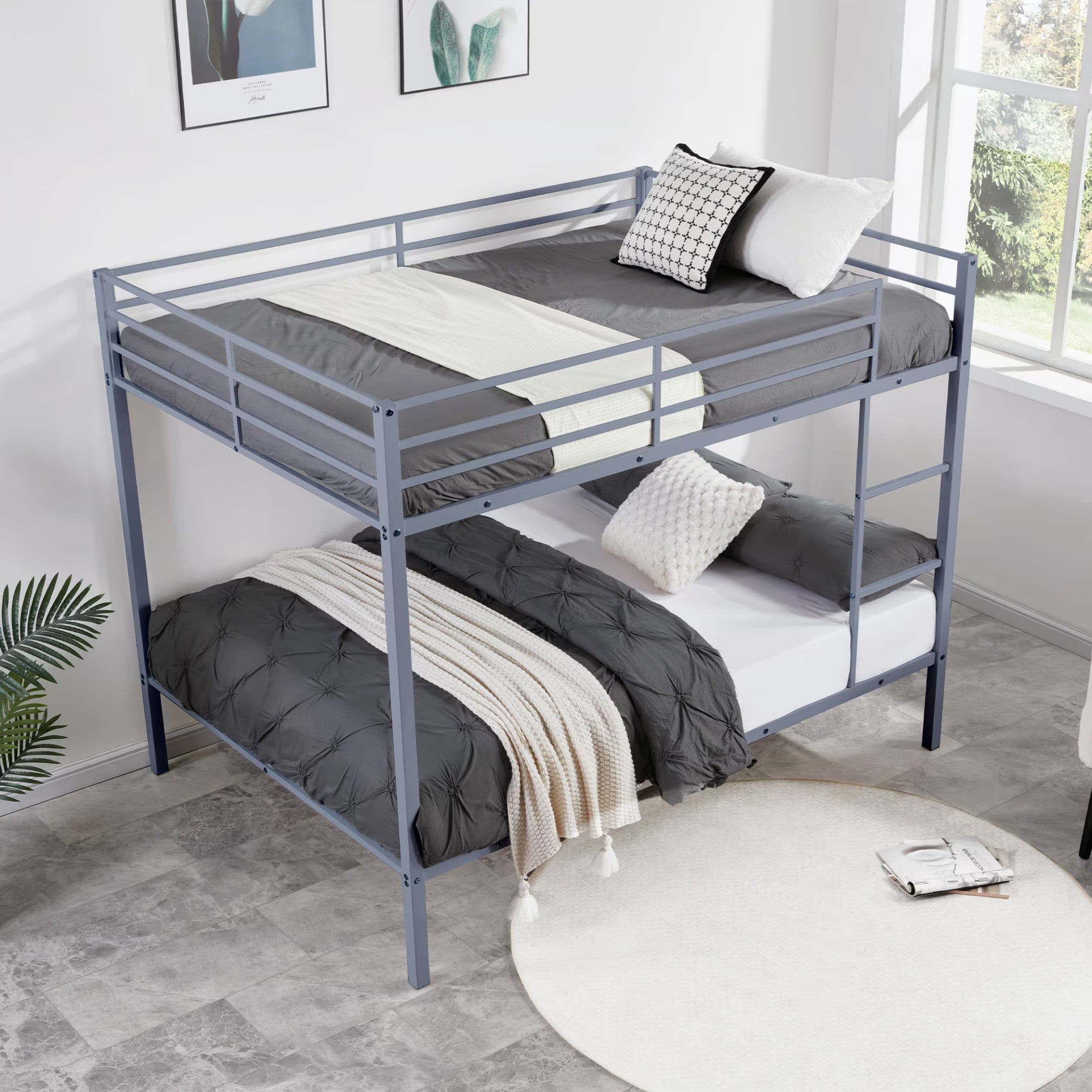 Full Over Full Bunk Bed, Heavy Duty Metal Bunk Bed Frame with Built-in Ladder and Safety Guard Rails, Low Profile Platform Bed, No Box Spring Needed for Kids, Small Spaces, Grey
