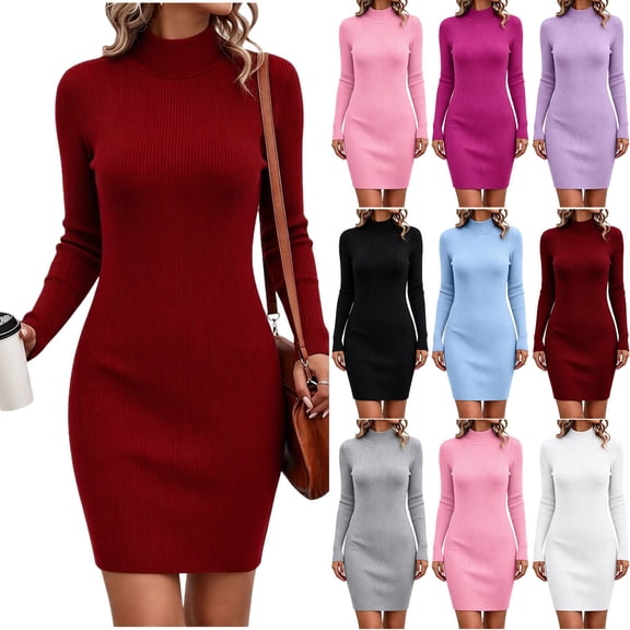 YTCAMLO Ribbed Knit Sweater Dress for Women Casual Long Sleeve Mock Neck Bodycon Dress Stretch Slimming Fall Winter Mini Dress