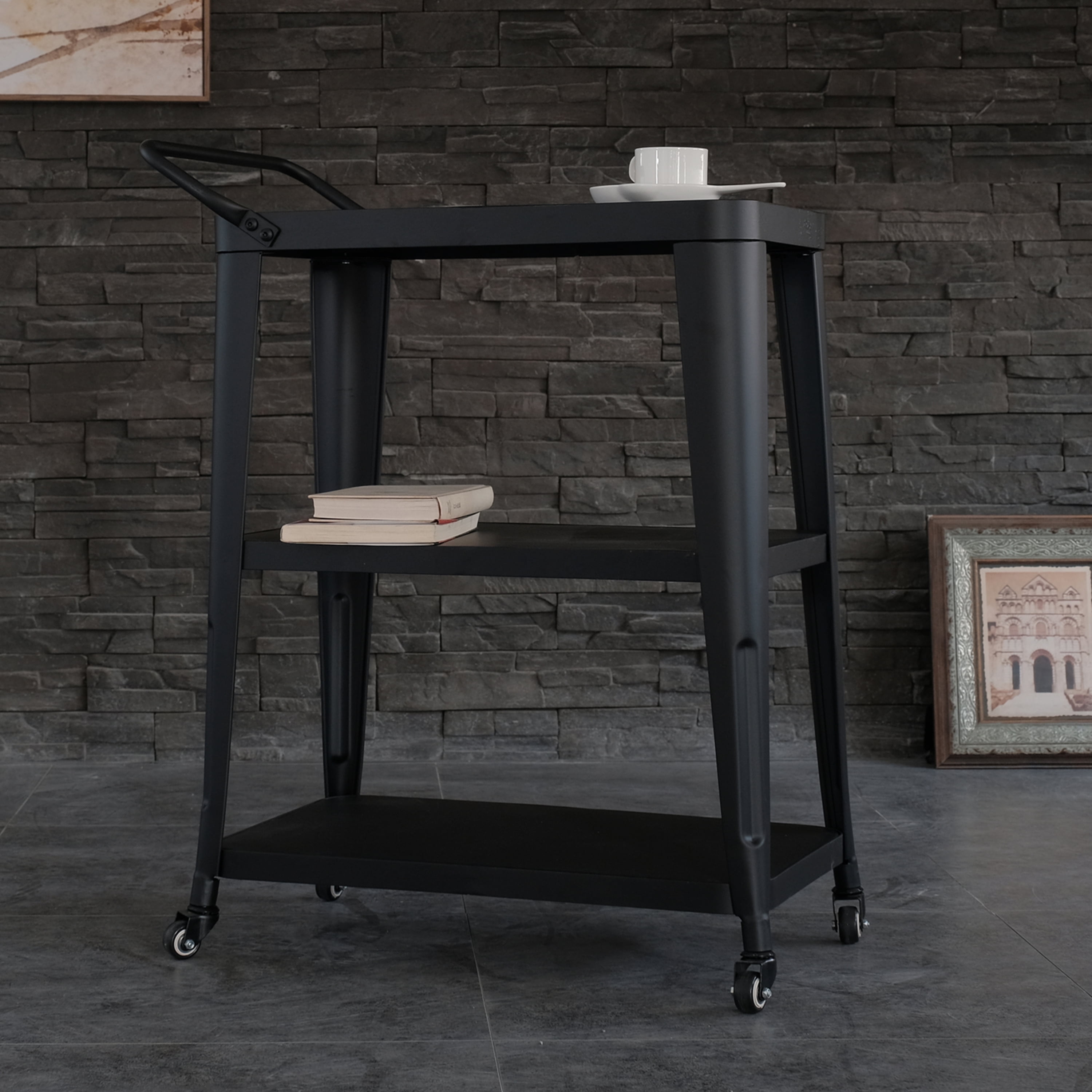 3-Tiered Metal Frame, Industrial Dining Cart with Swivel Wheels, Black