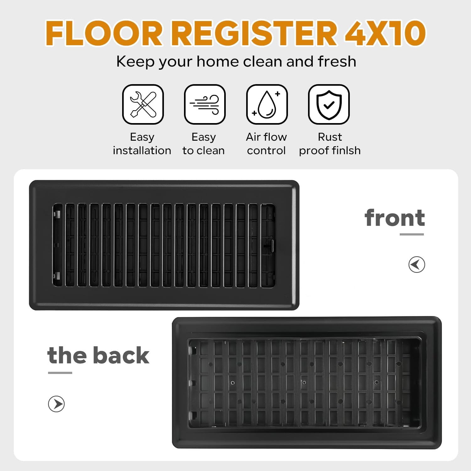 2 Pack Floor Register 4x10, Floor Vent Covers for Home Floor, Sidewall, Heavy Duty Steel Walkable Floor Grates, Adjustable Air Vent Covers Rust Proof Finish, 4" x 10'' Floor Vent, Black