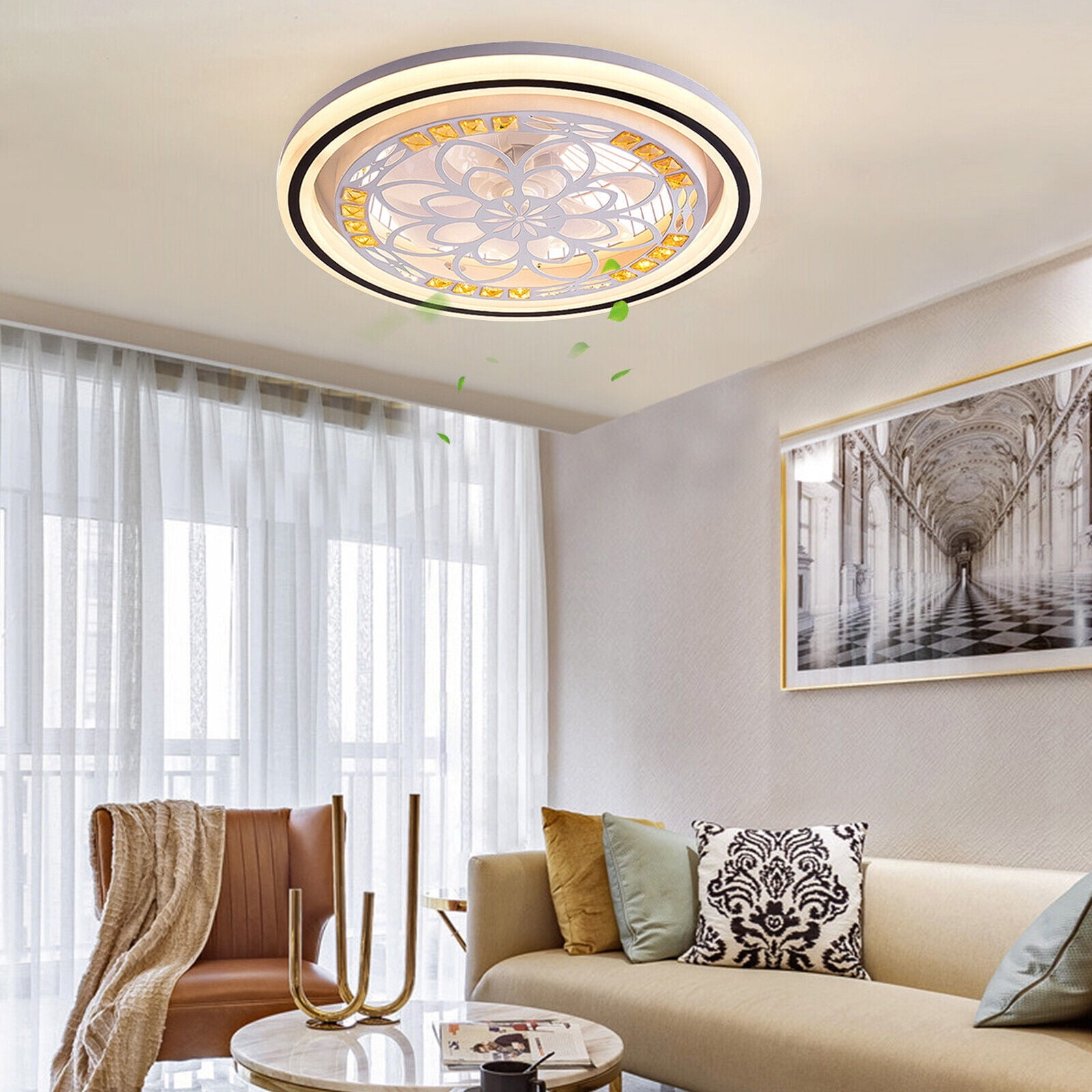 20'' Fandelier Ceiling Fans with Lights Invisible Bedroom Ceiling Fan Light Led Ceiling Fan with Lights Bladeless Fan Ceiling Light +Remote for Indoor Bedroom Living Room Kitchen Home