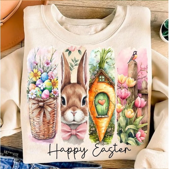 Happy Easter Bunny Sweater, Retro Glitter Coquette Brushstroke Easter Preppy Holiday Sweatshirt