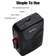 ByronStatics Portable Cassette Players, FM AM Radio Walkman Tape Player, Built In Mic Speakers, 2xAA Battery Or USB Power Supply, Headphone Jack, Black