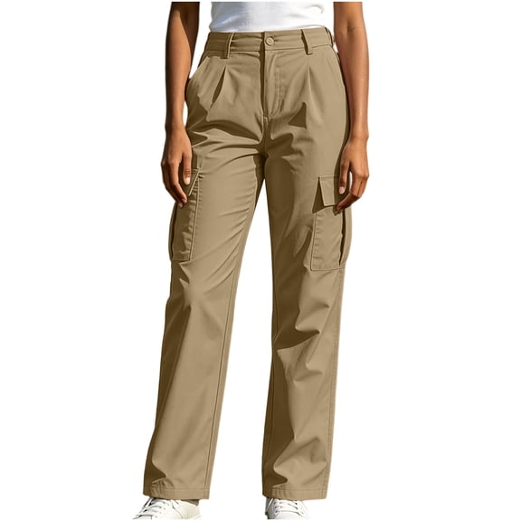 TEAJOPSUU Women's Cargo Chino Pants Wide Leg Comfy High Waisted Elastic Button Twill Pants with Pockets Casual Daily Going Out Trousers Khaki