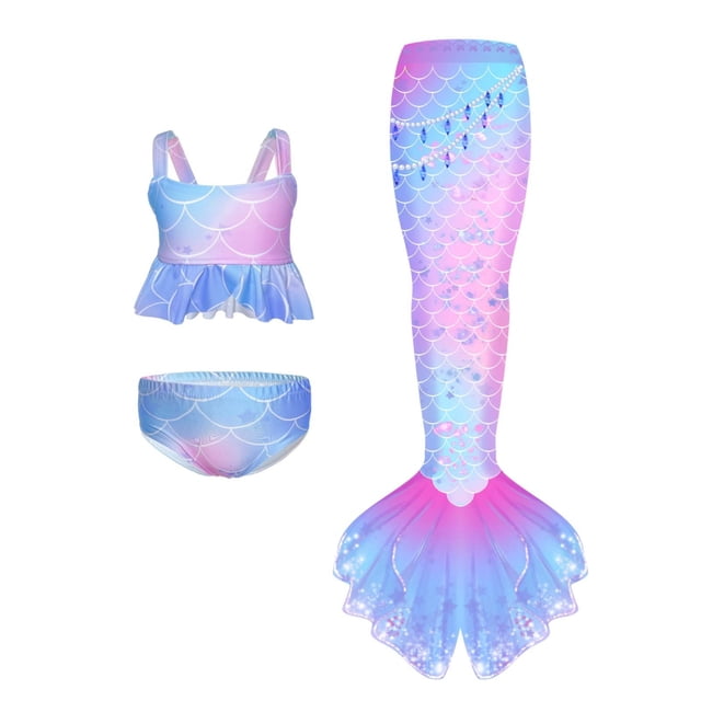 Toimothcn Maillot de Bain Fille Sans Manches Décontracté Imprimé Écailles de Poisson Colorées Ensemble Bikini 3 Pcs Séchage Rapide Couverture Maillot de Bain 8-9 Ans