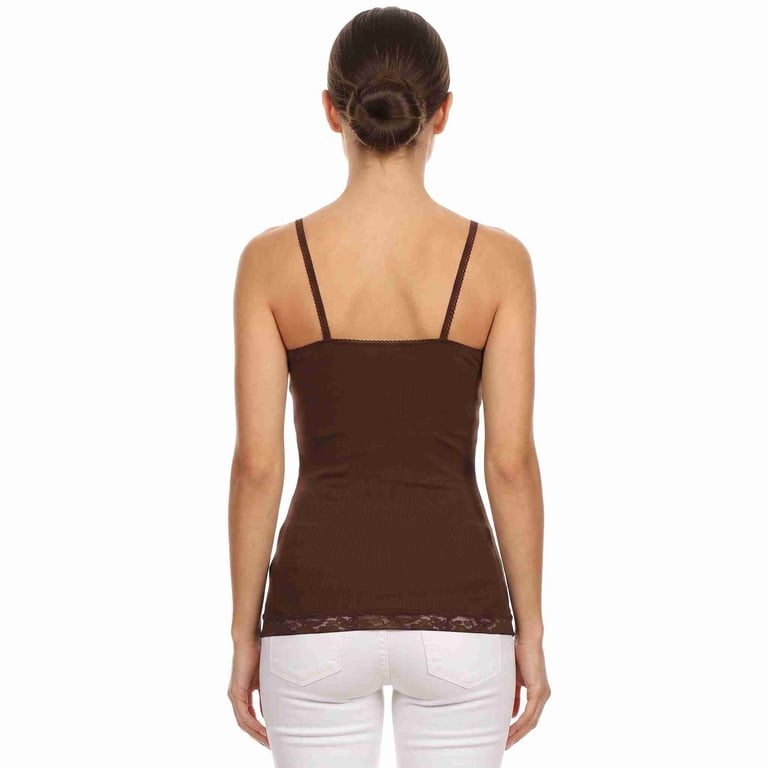 COUVER Women's Lace Trim Long Cami Tank Top Dark Brown One Size 1