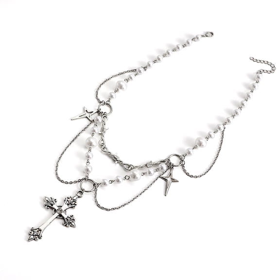 Januofit Layered Gothic Pearl Chain Necklace Men Women Silver Cross Spike Pendant Multi Strand Adjustable Statement Streetwear Fashion Jewelry Gift