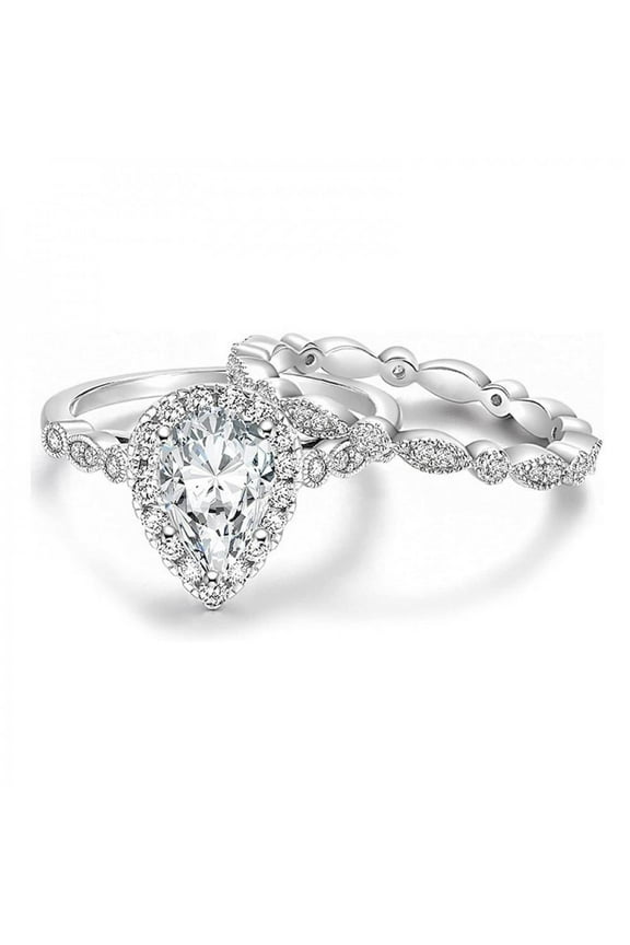 2pcs His and Hers Wedding Ring Sets Couples Engagement Rings Women and Men 925 Sterling Silver AAA Cubic Zirconia Retro Marquise Ring Drop Pear Shape Classic