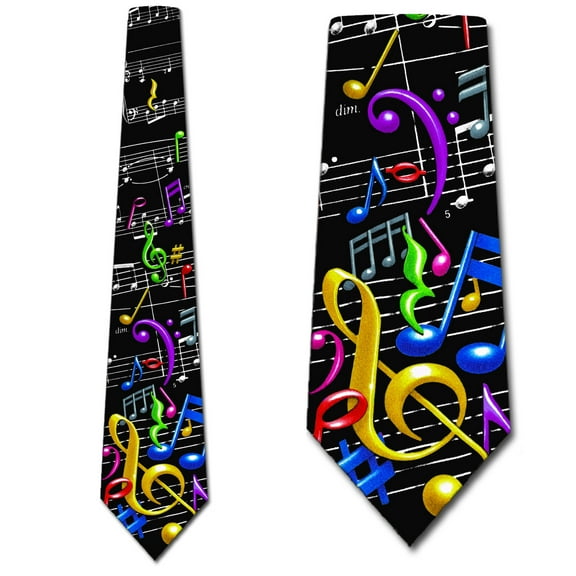 Musical Notes and Staff - Multi colors on Black Necktie Mens Tie by Three Rooker