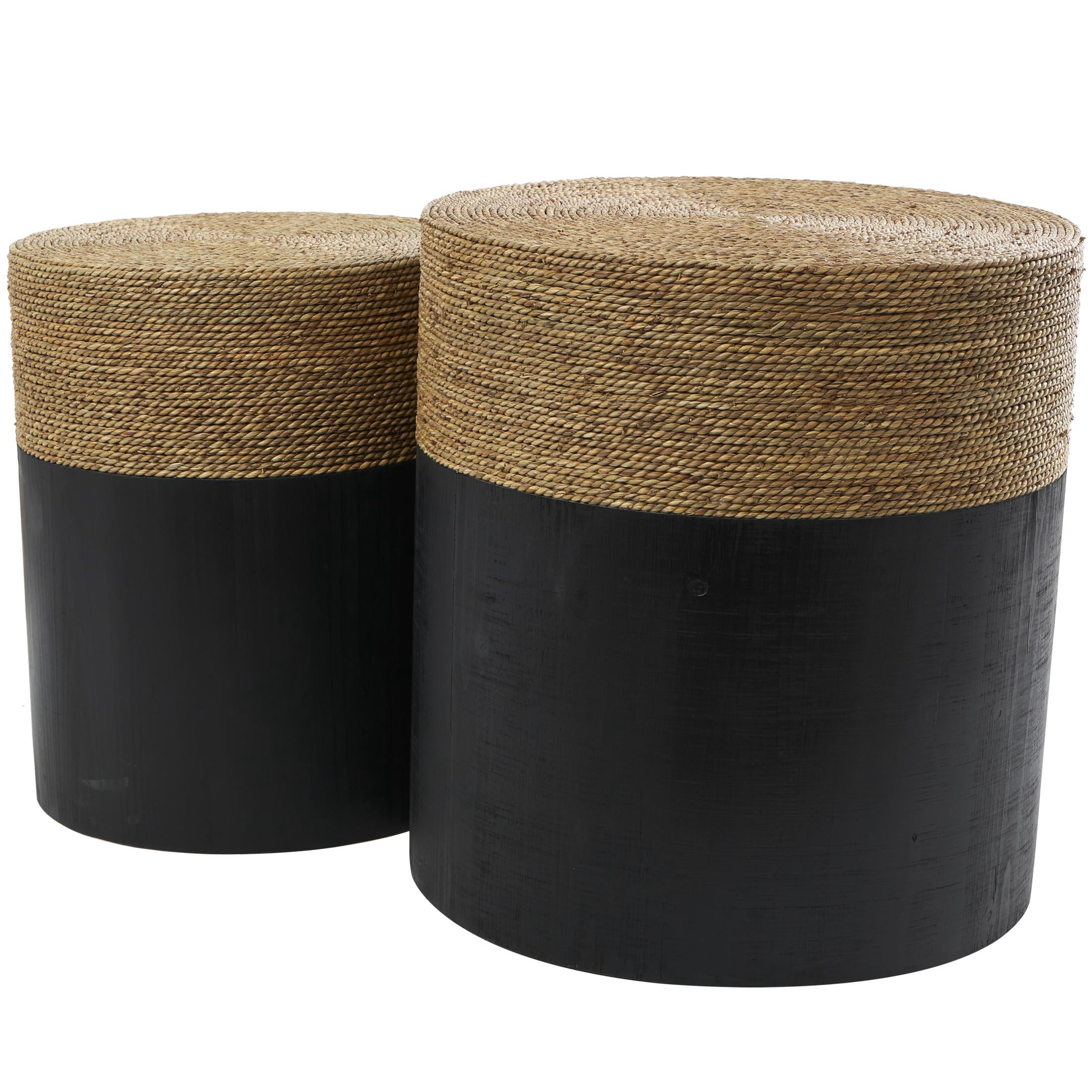 DecMode 19" x 20" Black Wood Handmade Accent Table with Brown Wrapped Seagrass Tabletops, 2-Pieces