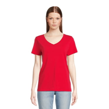 Time and Tru Women's Cotton V-Neck Tee with Short Sleeves, Sizes XS-XXXL