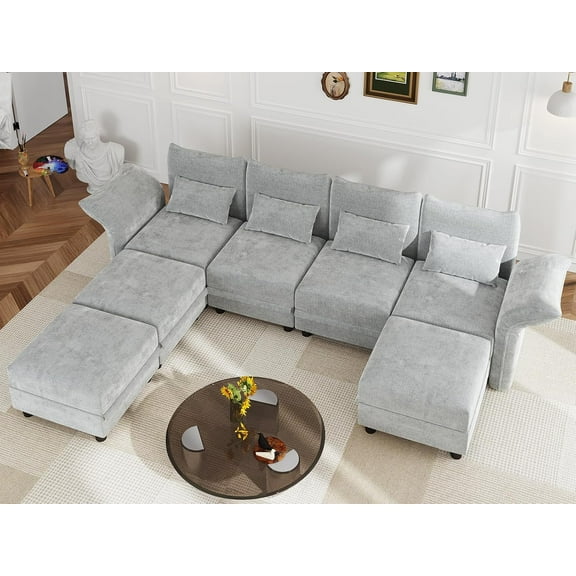 LLappuil Modular Sectional Sofa, 7 Seat Modular Sectional Sofa with 3 Storage Ottoman, 25.6 Deep Seat Chenille Sofa Gray