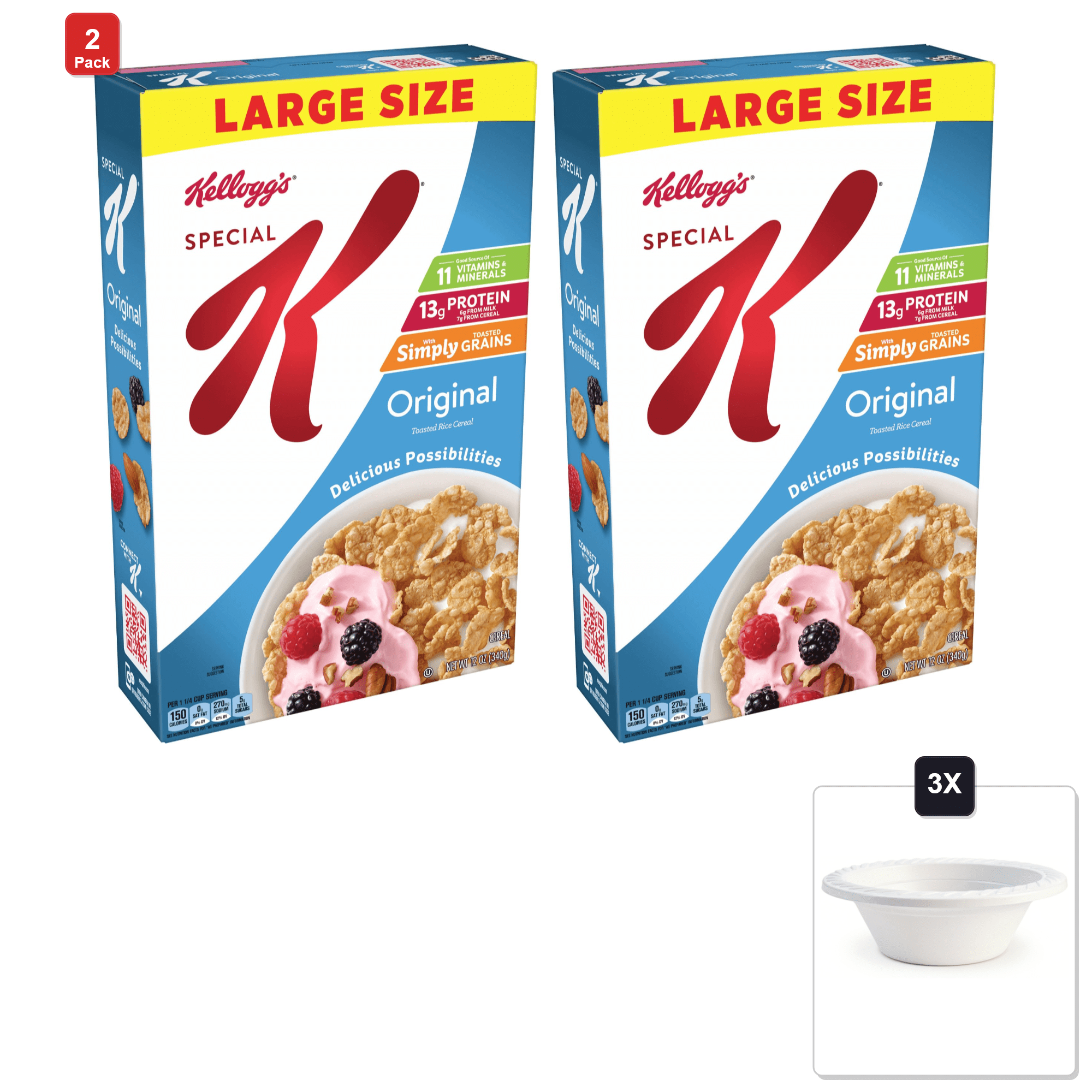 2 Pack | Kelloggs Special K Breakfast Cereal, Large Size, Original, 12 oz & 3x 12oz Disposable Plastic Bowl