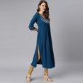 thumbnail image 4 of Janasya Indian Round Neck 3/4 Sleeve Ethnic Motifs Teal Poly Crepe Kurta For Women, 4 of 6